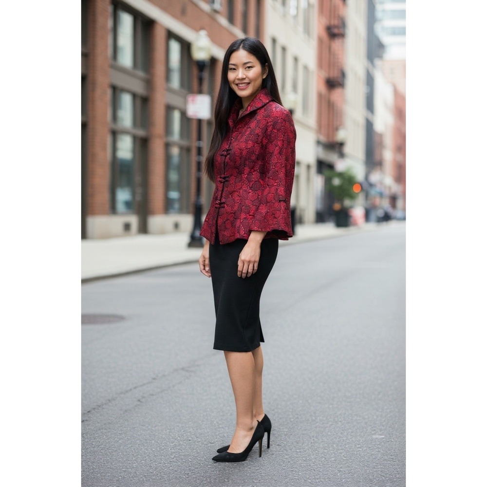 Pearl River Red Rose Brocade Jacket Asian Mandarin Collar Frog Button‎ Sz L